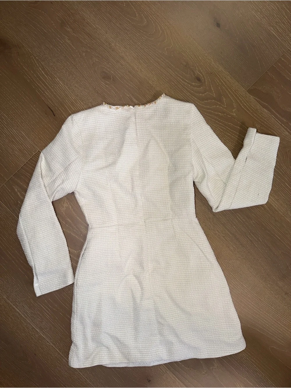 Textured Ivory Long Sleeve Mini Dress with Trim - Picture 3 of 3